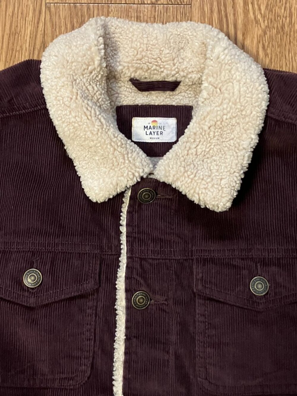 Marine Layer Boise Corduroy Sherpa Trucker Jacket Men's Medium Burgundy Brown - Picture 4 of 14